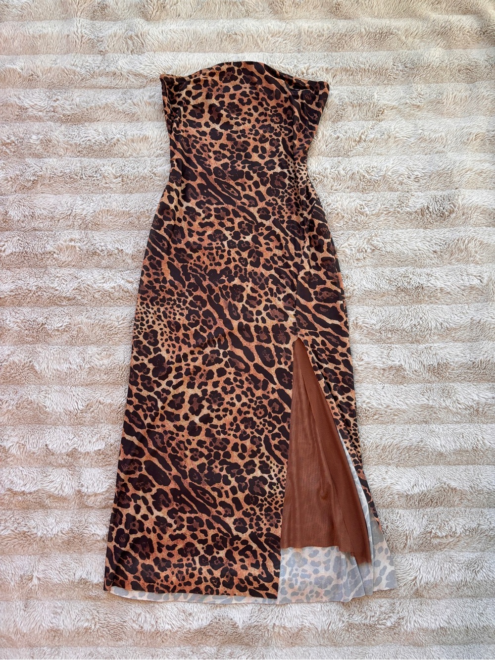 Strapless Leopard Print Midi Dress with Side Slit